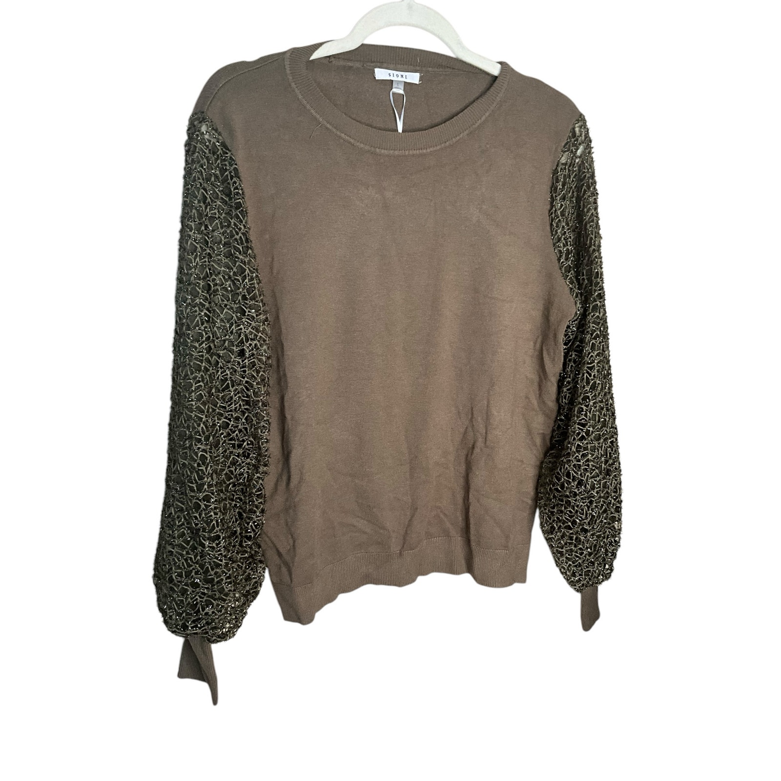 Sioni Balloon Sparkly Mesh Sleeve Knit Pullover Sweater Green Womens Size L NEW