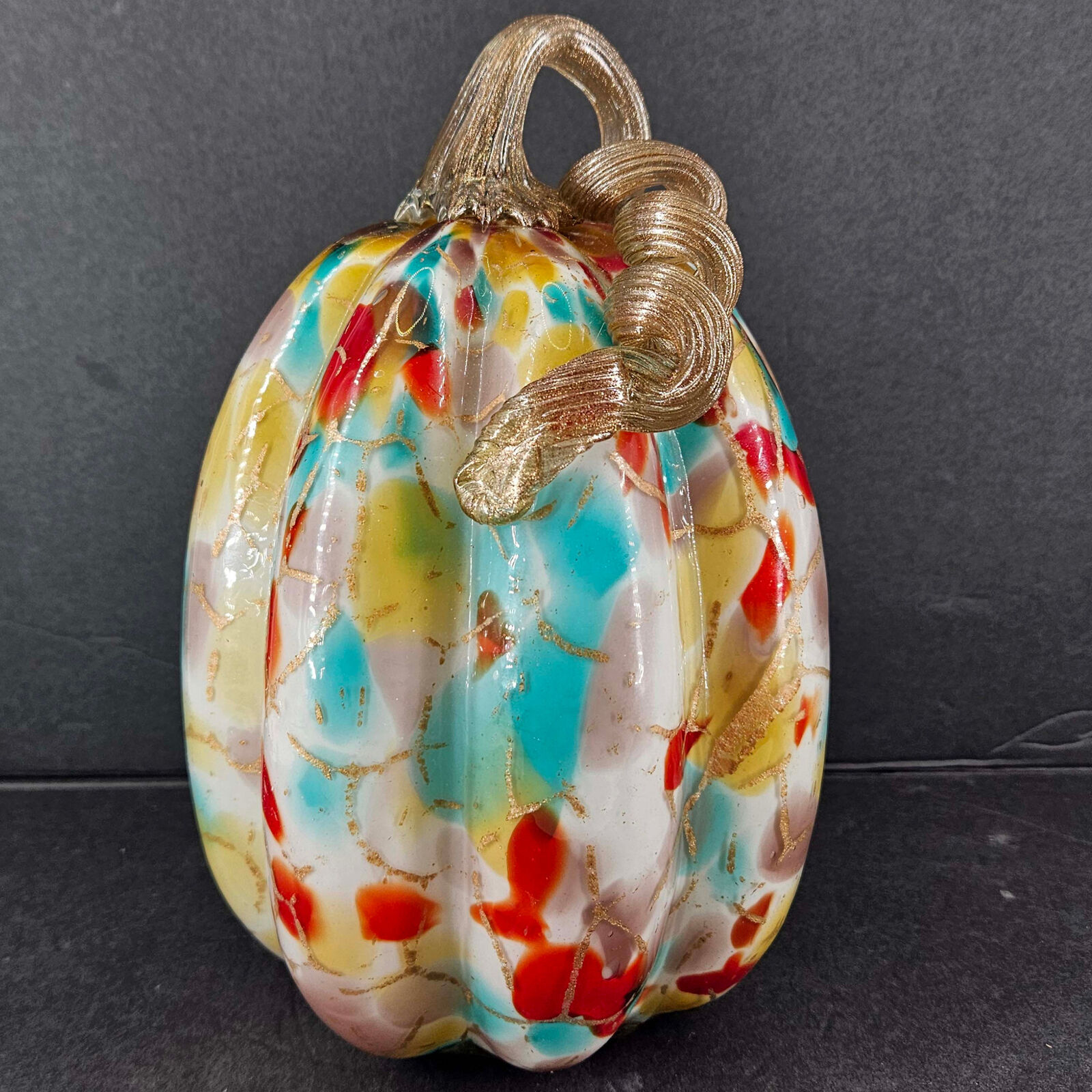Large multi color speckled Art Glass Hand Blown Pumpkin Gourd w Coiled Stem