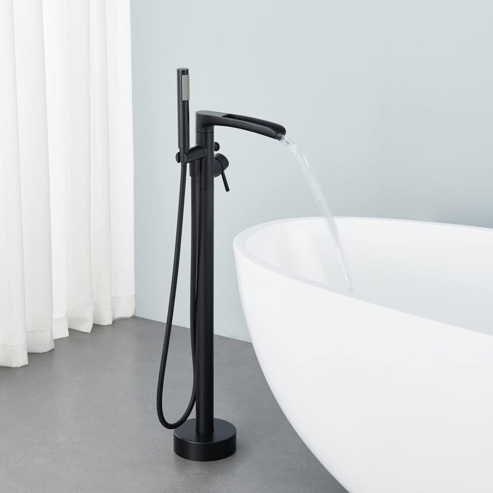 Wowkk Waterfall Freestanding Bathtub Faucet Black Floor Mount Tub Filler