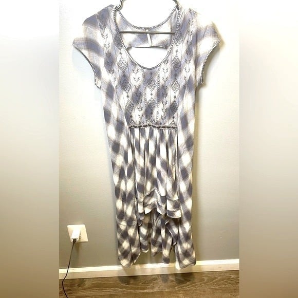 Free People India Gauze Marina Cream Blue Hi-Low Embroidered Dress Size Small