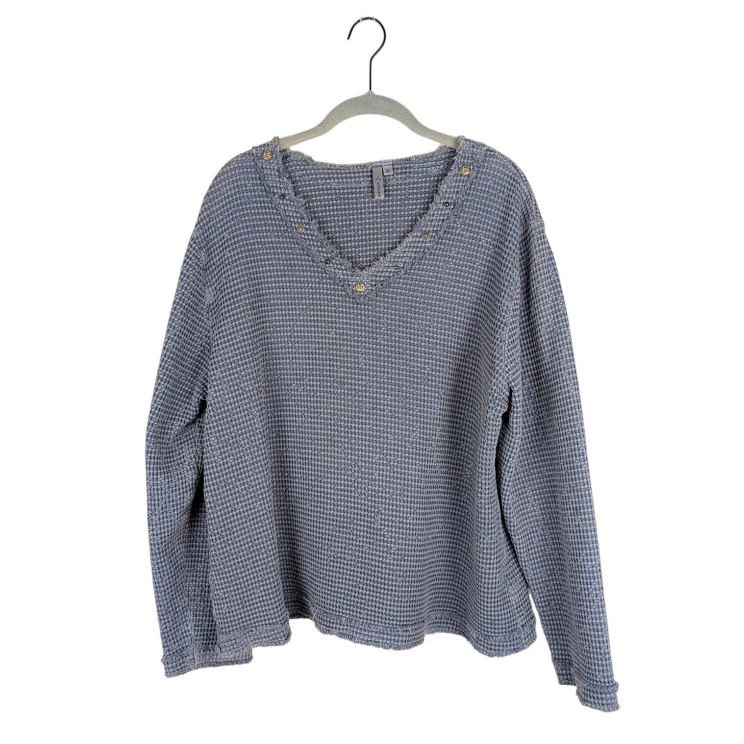 Gray Blue Thick Waffle Knit Rough Hem Cotton Blouse XL Lagenlook Boho - Focus