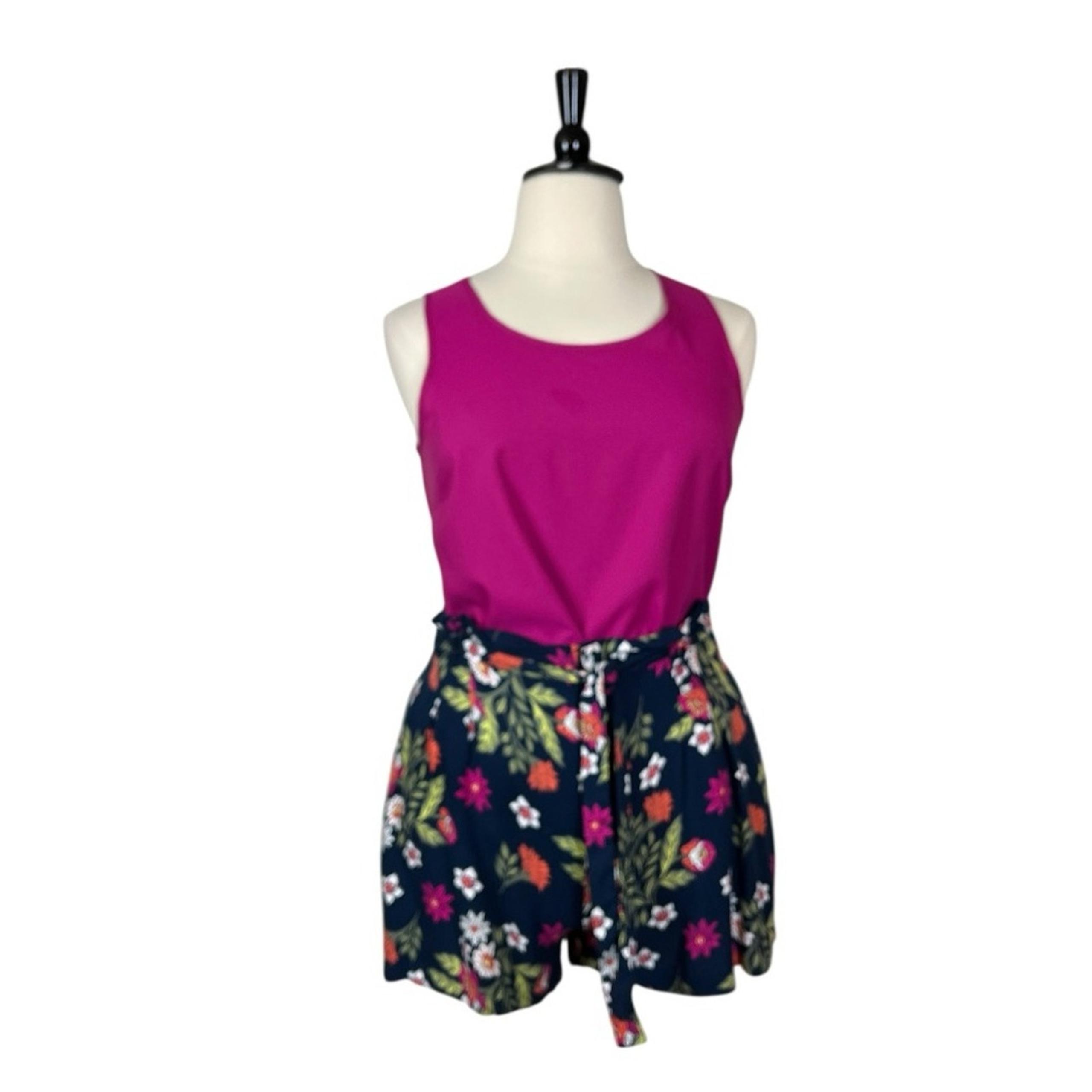 Time & Tru Short Tank 2 Piece Set Blue Floral Hot Pink Women’s Size Large 12/14
