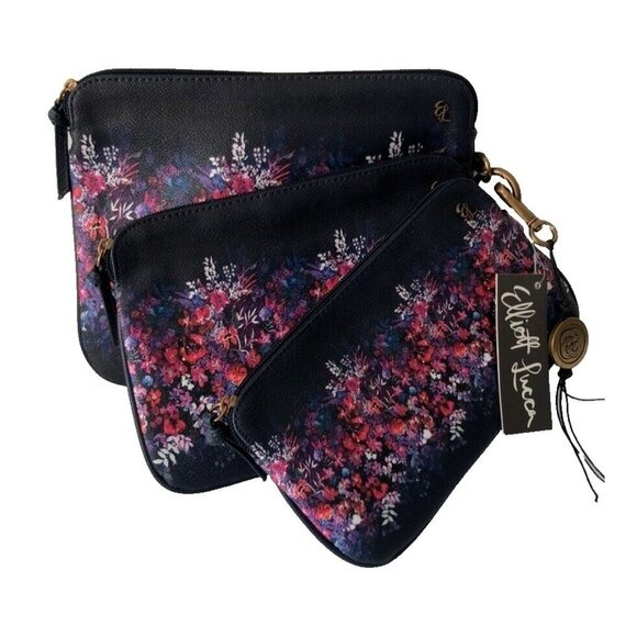 Elliott Lucca Set of 3 Artisan Floral Bouquet Indigo Blue Cosmetic Bags NEW*