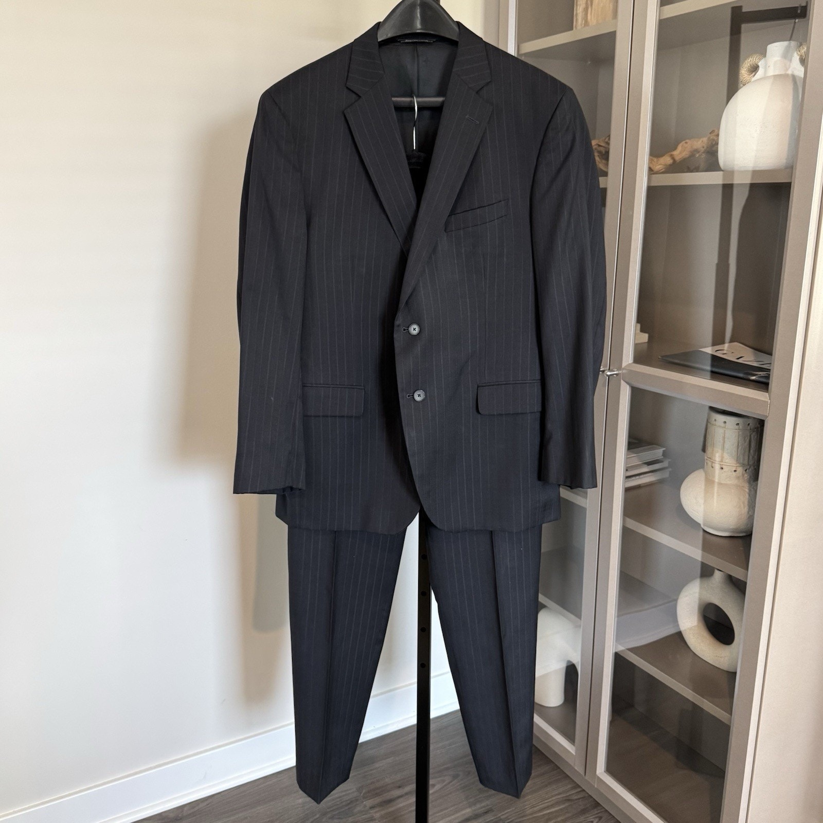 Jack Victor Wool Black Pinstripe Single Breasted Blazer Pants 2 Pc Suit 46R