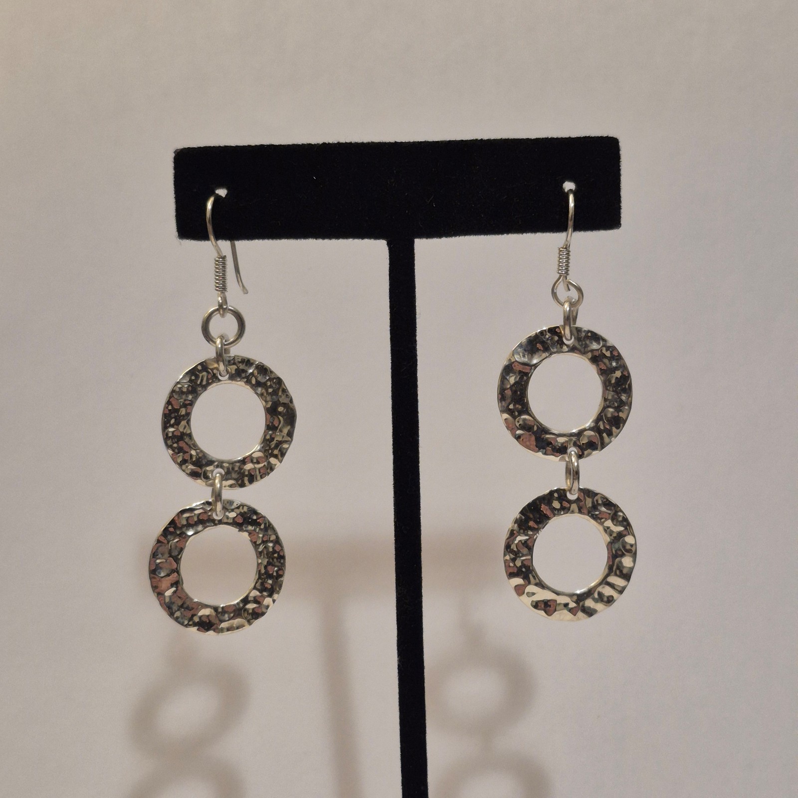 Vintage 925 Sterling Silver Hammered Double Circle Link Dangle Earrings