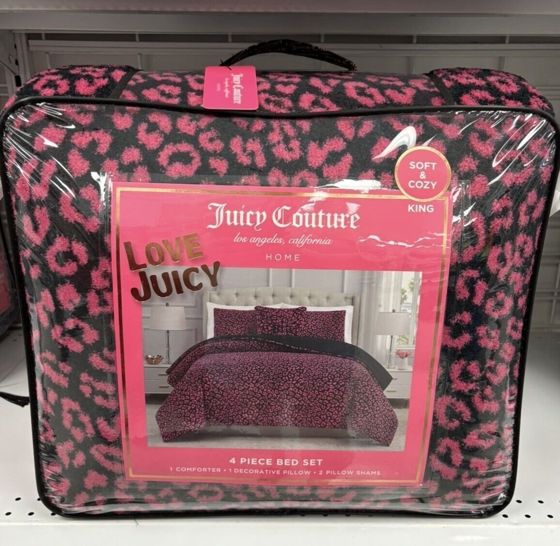 Juicy Couture Home Y2K Leopard Animal Soft Plush PINK 4pc KING Bed Set NWT