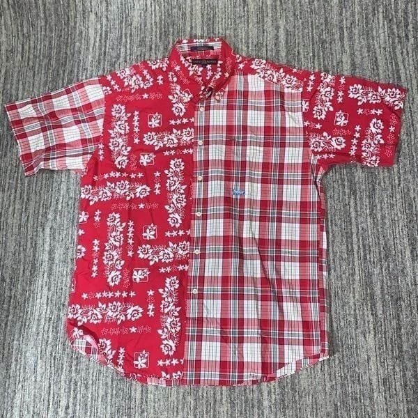 Tommy Hilfiger Mens Size Large Button Front Mixed Media Shirt Floral Plaid Red