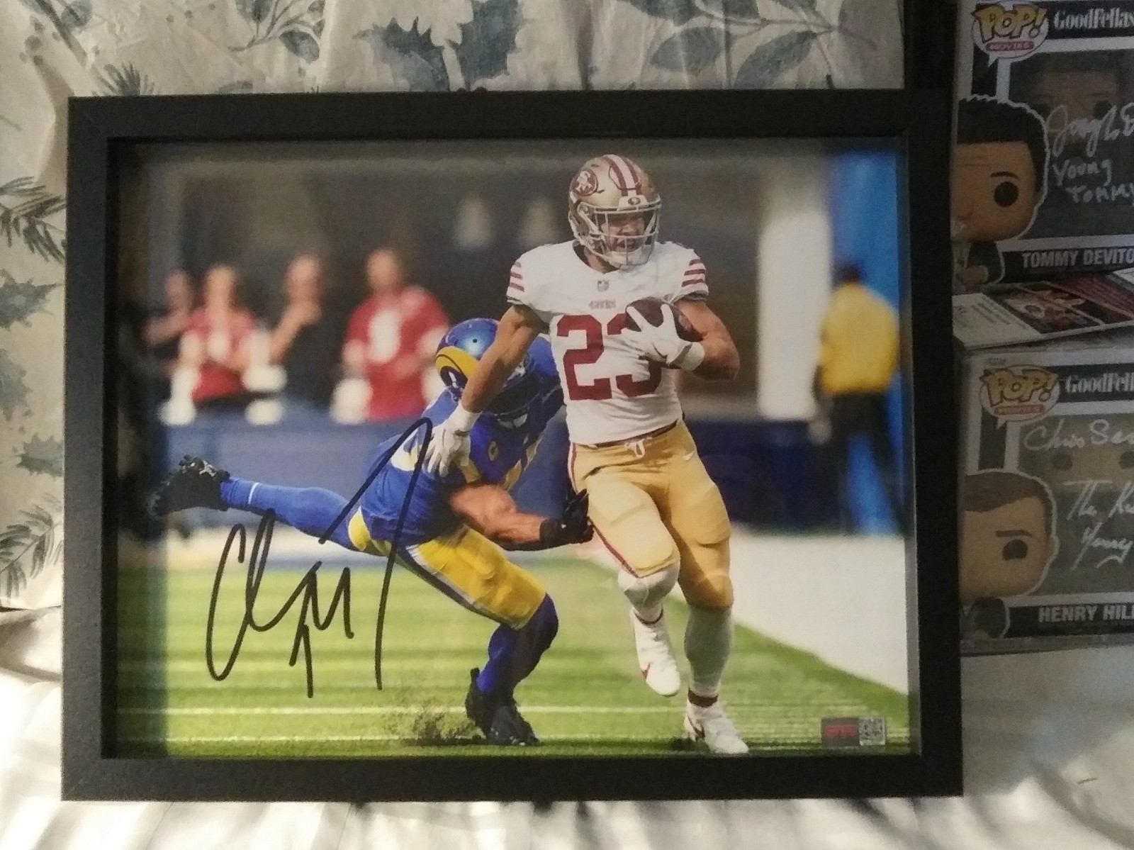 CHRISTIAN MCCAFFREY AUTOGRAPHED 49ERS POSTER FRAMED PIA COA