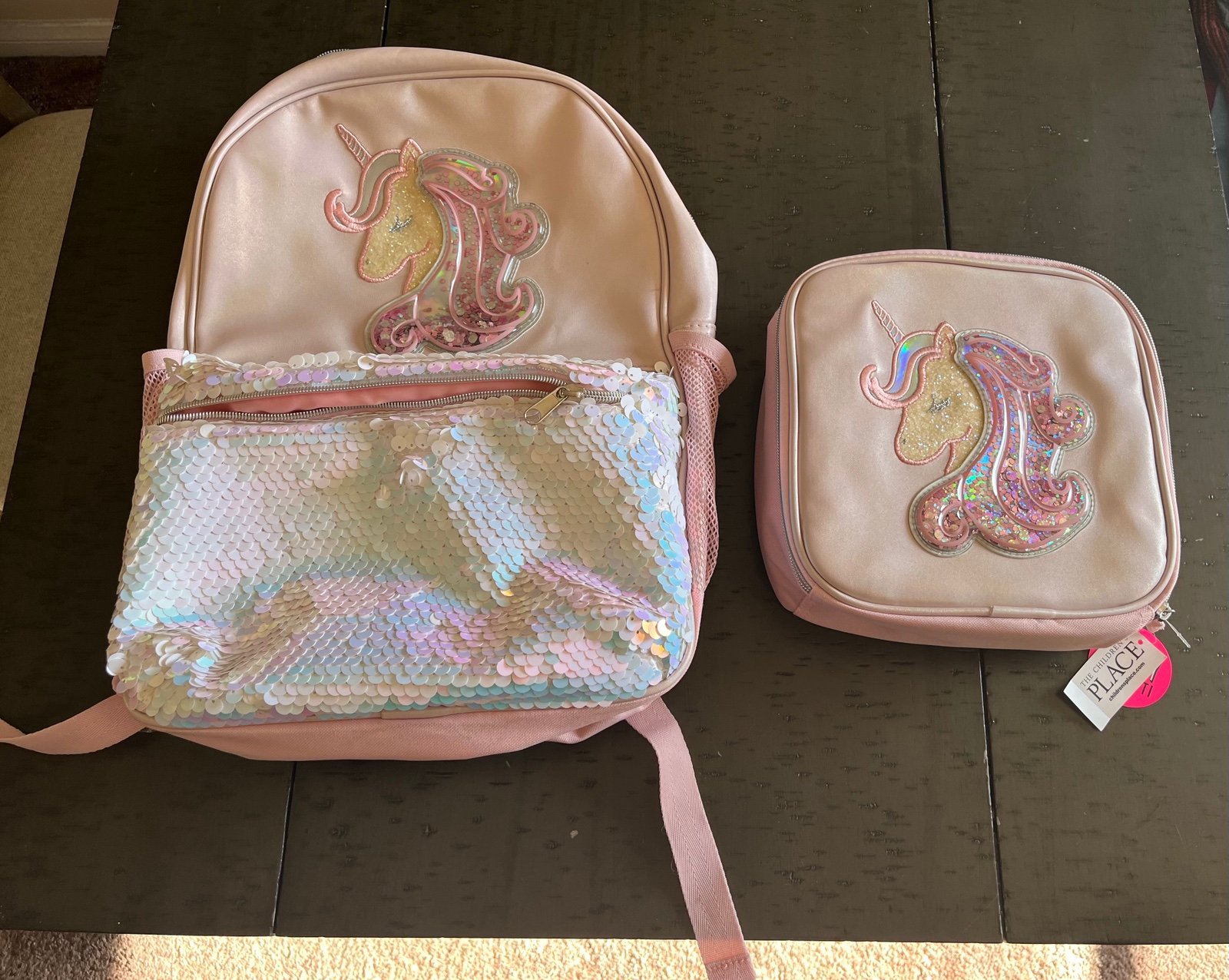 The Children’s Place Sequined Unicorn Pink Backpack w/Matching Lunch Bag