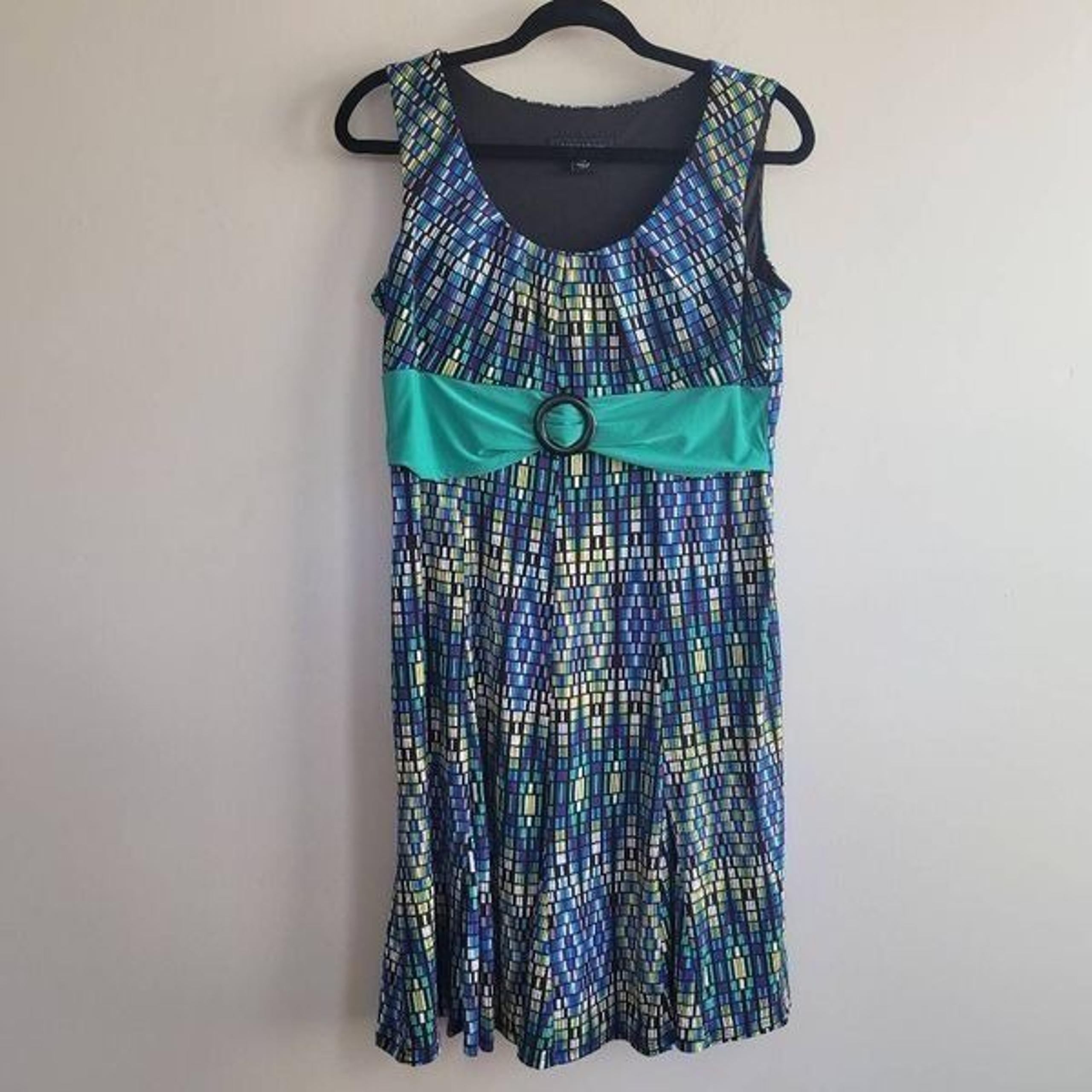 Vintage Y2K blue babydoll dress geometric print scoop neck knee length flare ski