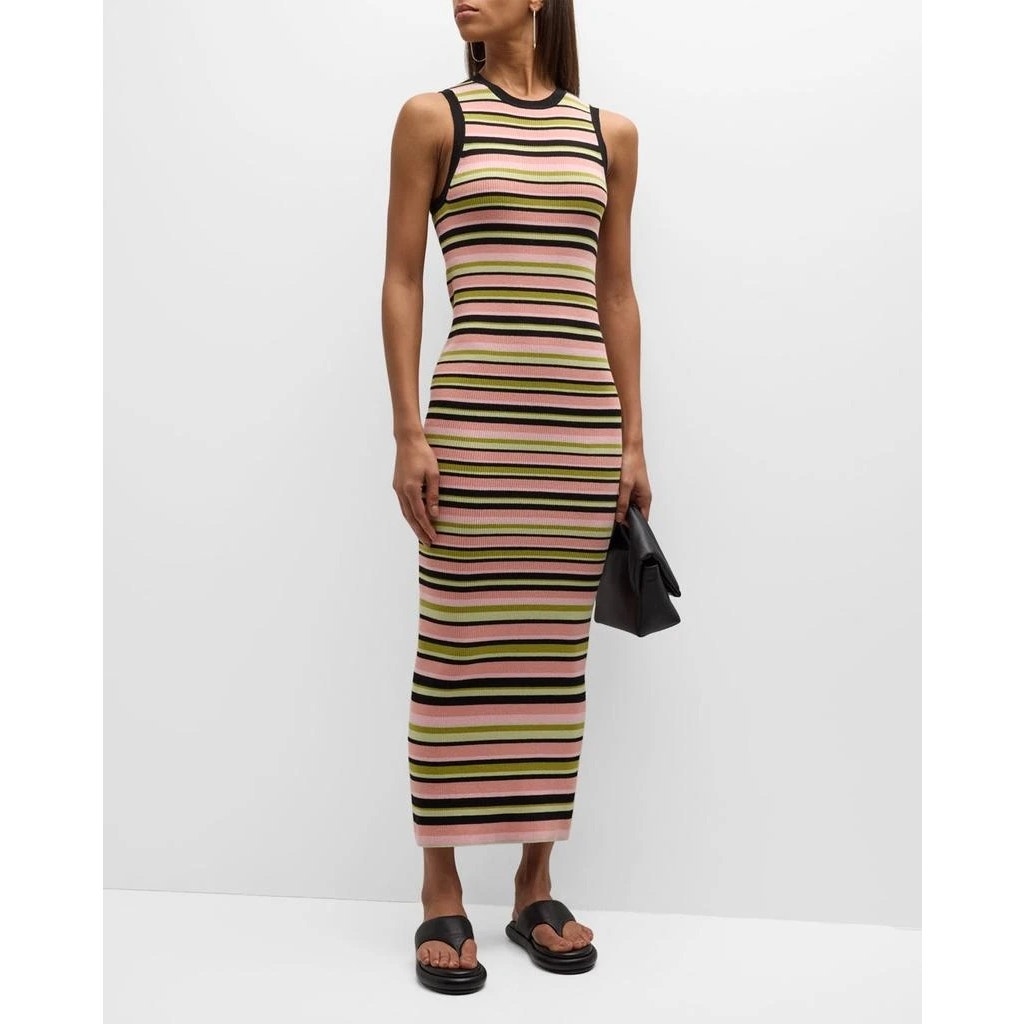 ATM Stripe Rib knit Tank Midi Dress in Black Multi Color Stripe size Large
