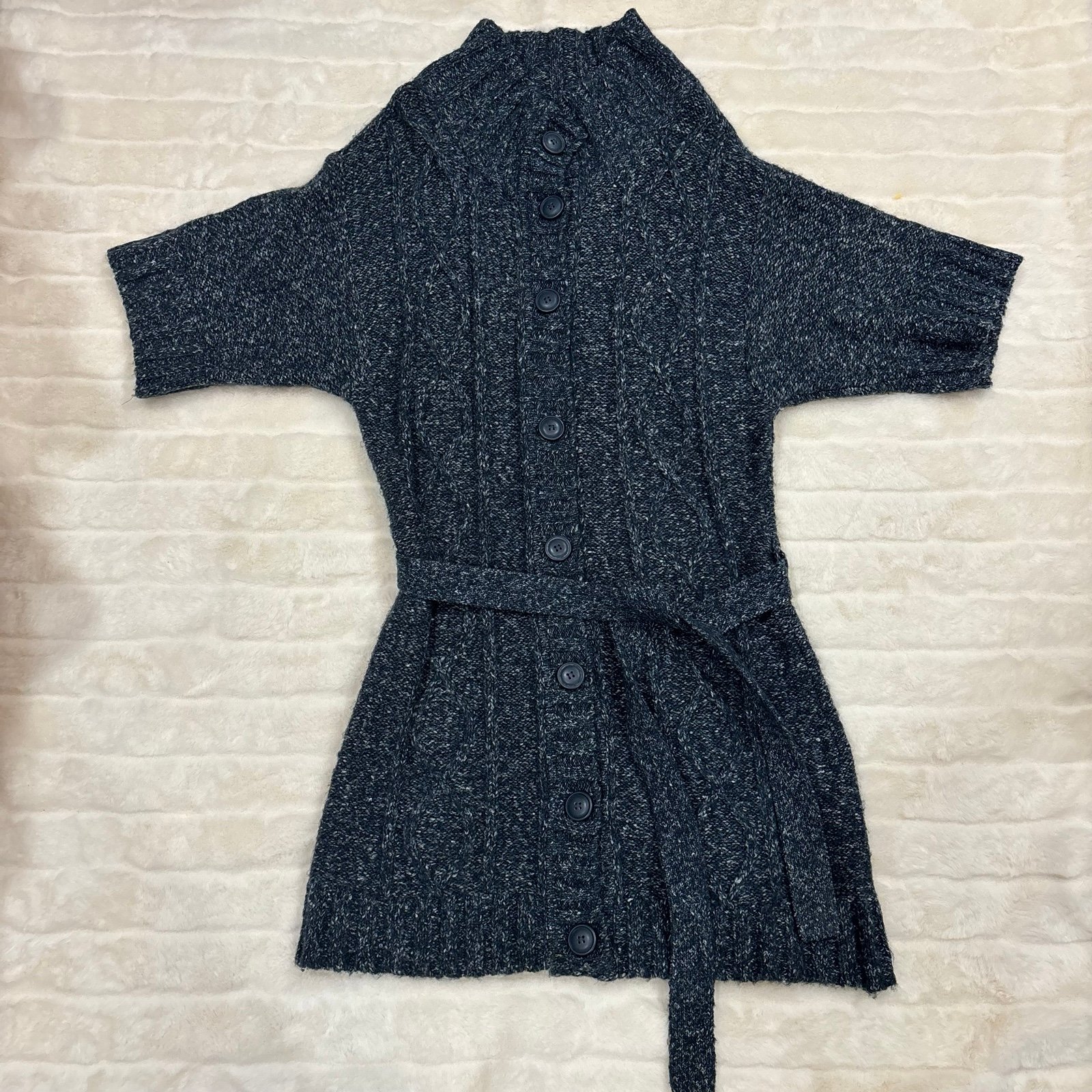 Cozy and versatile heather blue knit cardigan with short sleeves, a button-down