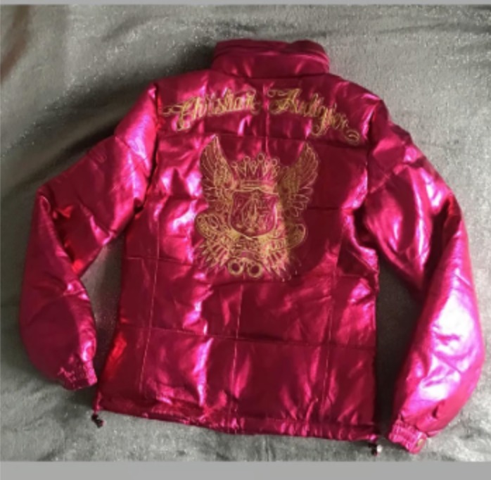 NWT Christian Audigier Ed Hardy fuchsia pink foiled leather puffer jacket XS