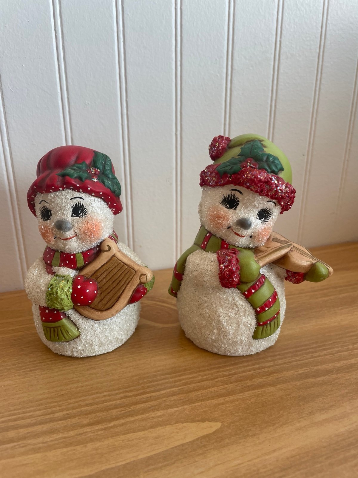 Vintage Ceramic/Porcelain Textured Snowmen Figurines With Brass Instruments (2)