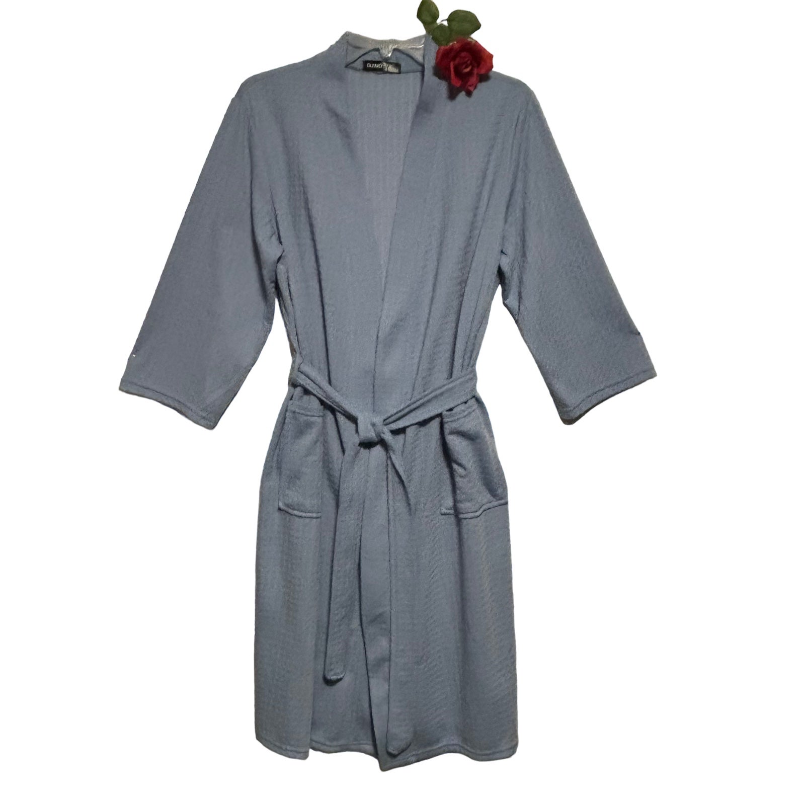 Suimo Square Waffle Wrap Robe Light Blue 3/4 Sleeves W/ belt XL LIKE NEW See pic