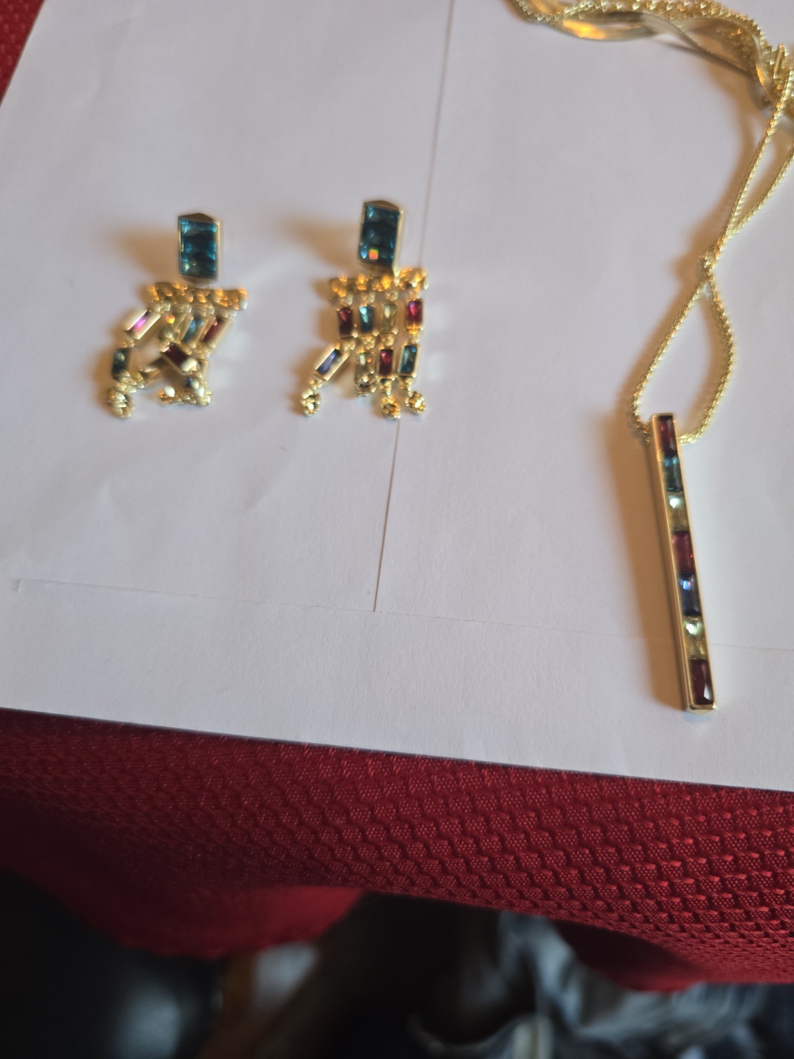 Multicolor crystals pendant, long gold necklace, and earrings set