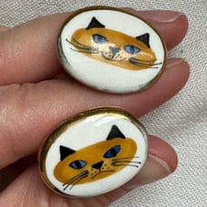 Rare Vintage Mid Century Victoria Flemming N.Y. Happy Sad Cat Enameled Cufflinks