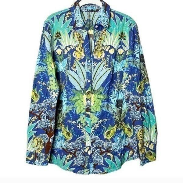 J. McLaughlin Lois jungle floral button down shirt top blouse blue leopard tiger