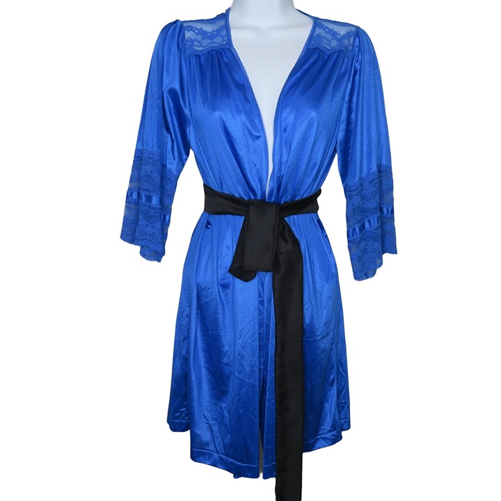 Vintage 70s Womens Knee Length Robe S Blue Nylon Lace 3/4 Sleeve Made in the USA