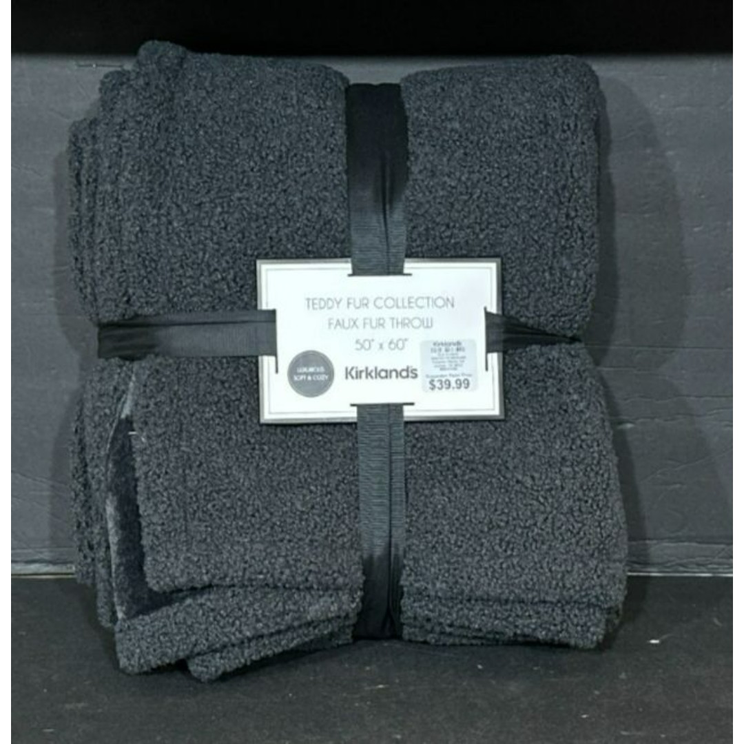Kirkland's Teddy Fur Collection Charcoal Faux Fur Throw Blanket 50 X 60 - New