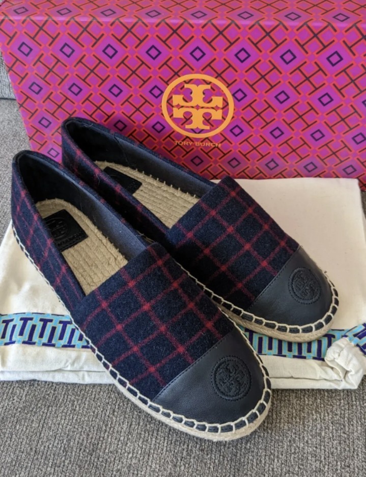 Tory Burch Color Block check Wool Espadrille Flats Size 8.5