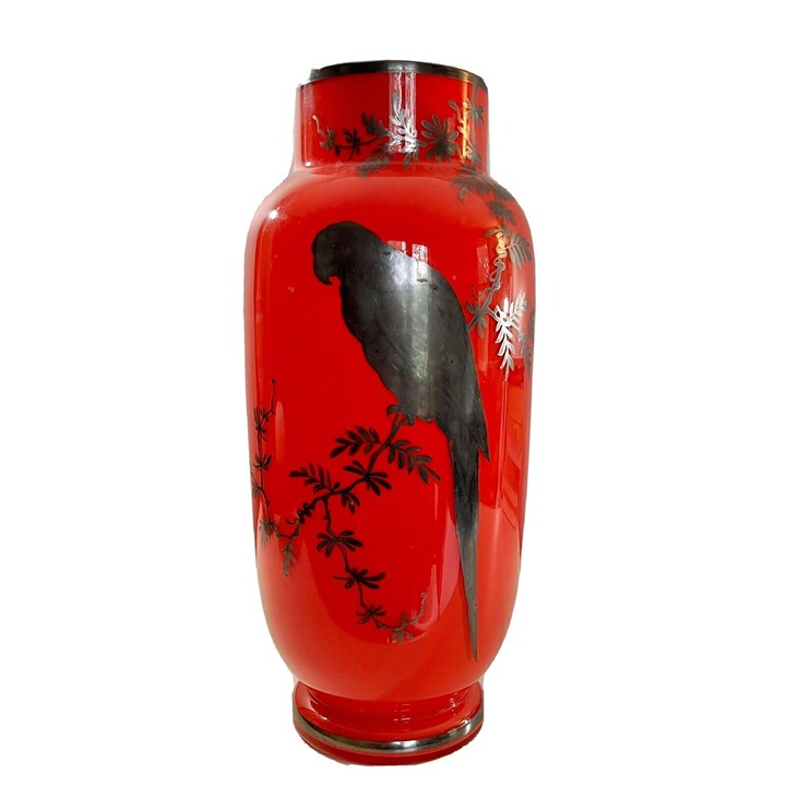 Vintage Czechoslovakian 15” Art Glass Vase Tango Red W/ Bird 15 