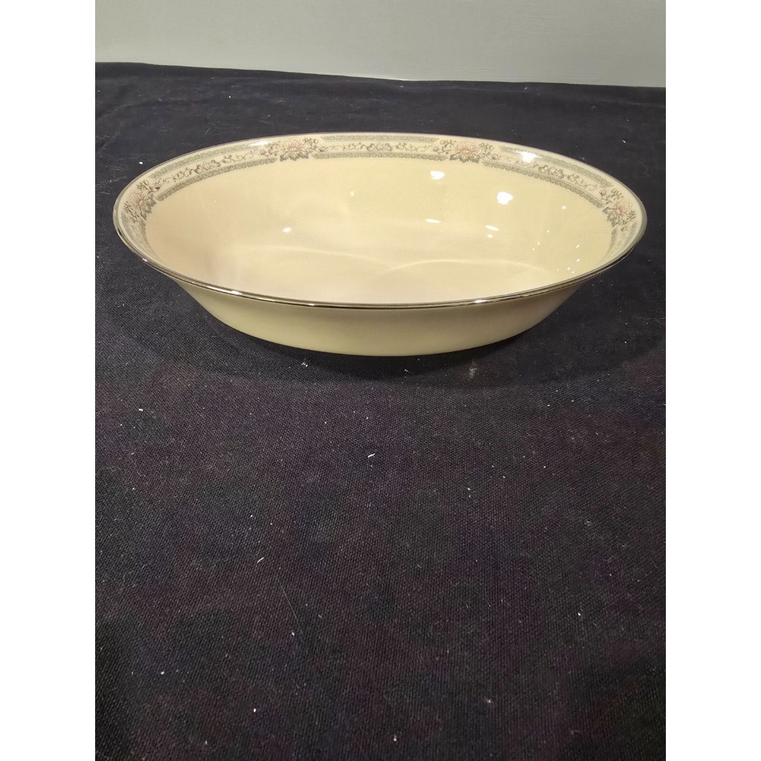 Lenox Charleston 9.5 Oval Vegetable Serving Bowl Gray/Pink Floral Rim New