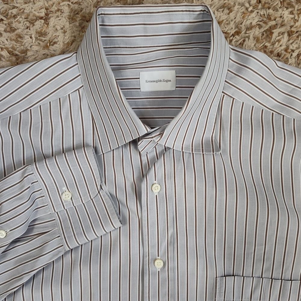Ermenegildo Zegna Men Size 43/17 Brown Pinstripe Long Sleeve Button Up Gray