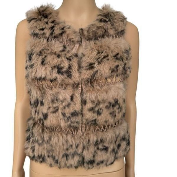BCBGMAXAZRIA REAL RABBIT FUR ANIMAL PRINT VEST CROCHET DETAIL SIZE XS
