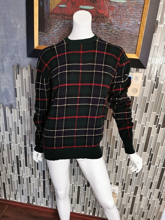 Vintage 90s Ralph Lauren Tartan Plaid Wool Sweater Green Blue 100% Wool L 0116