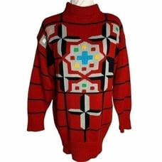 Vintage Cable Knit Turtleneck Sweater M Red Geometric Pullover Oversized