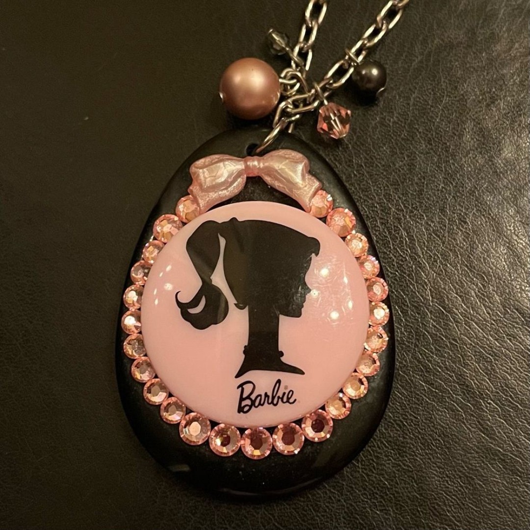 Tarina Tarantino Barbie ponytail silhouette Pink and Black Pendant Necklace Y2K