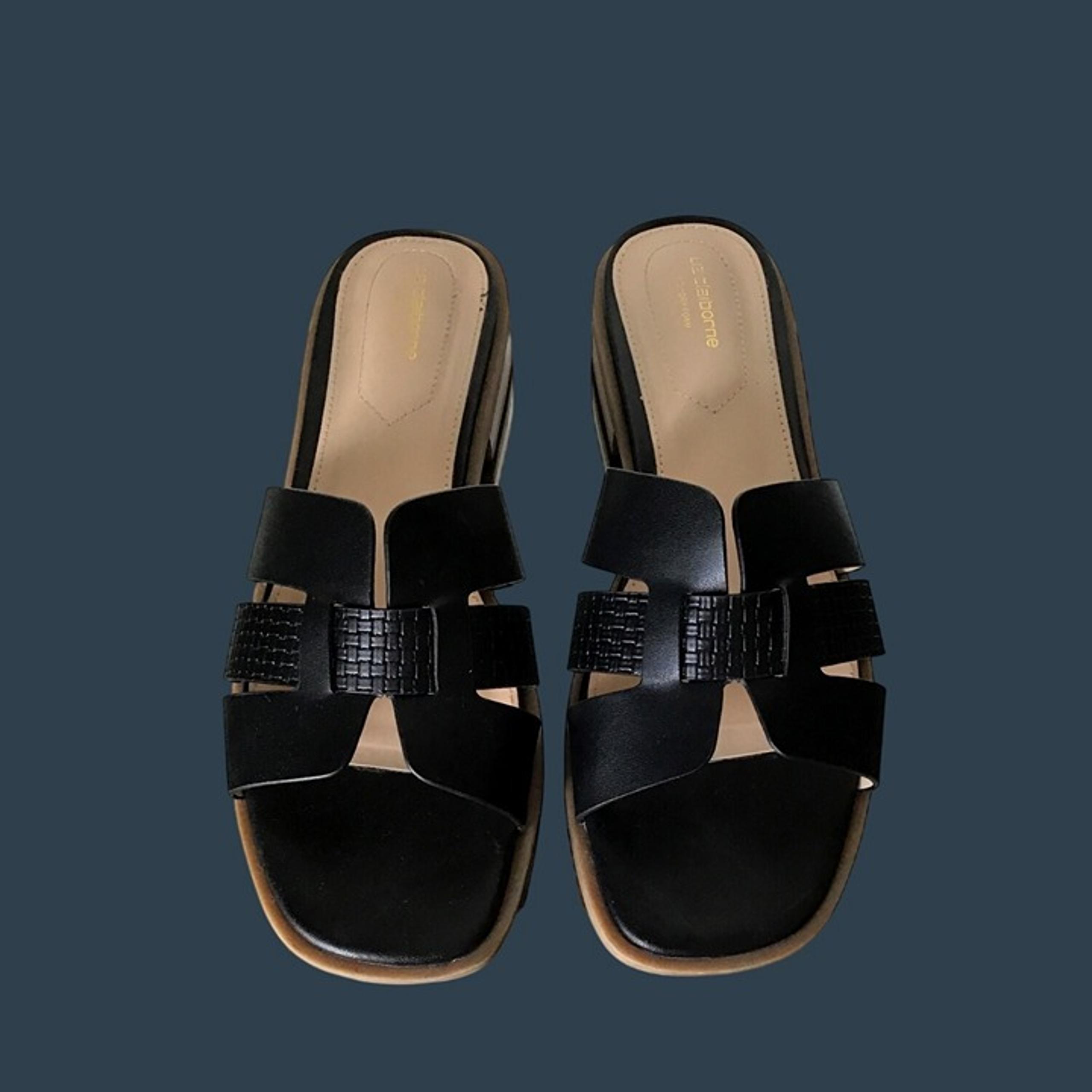 Liz Claiborne Womens Black Leather Slide Sandals Size 9 With Textured Straps & W