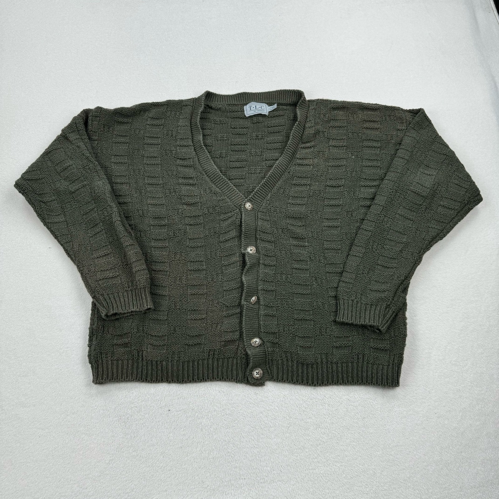 Vintage TLC Sweater Sz XL Green Textured Knit Button Up Cardigan Cotton USA 90s