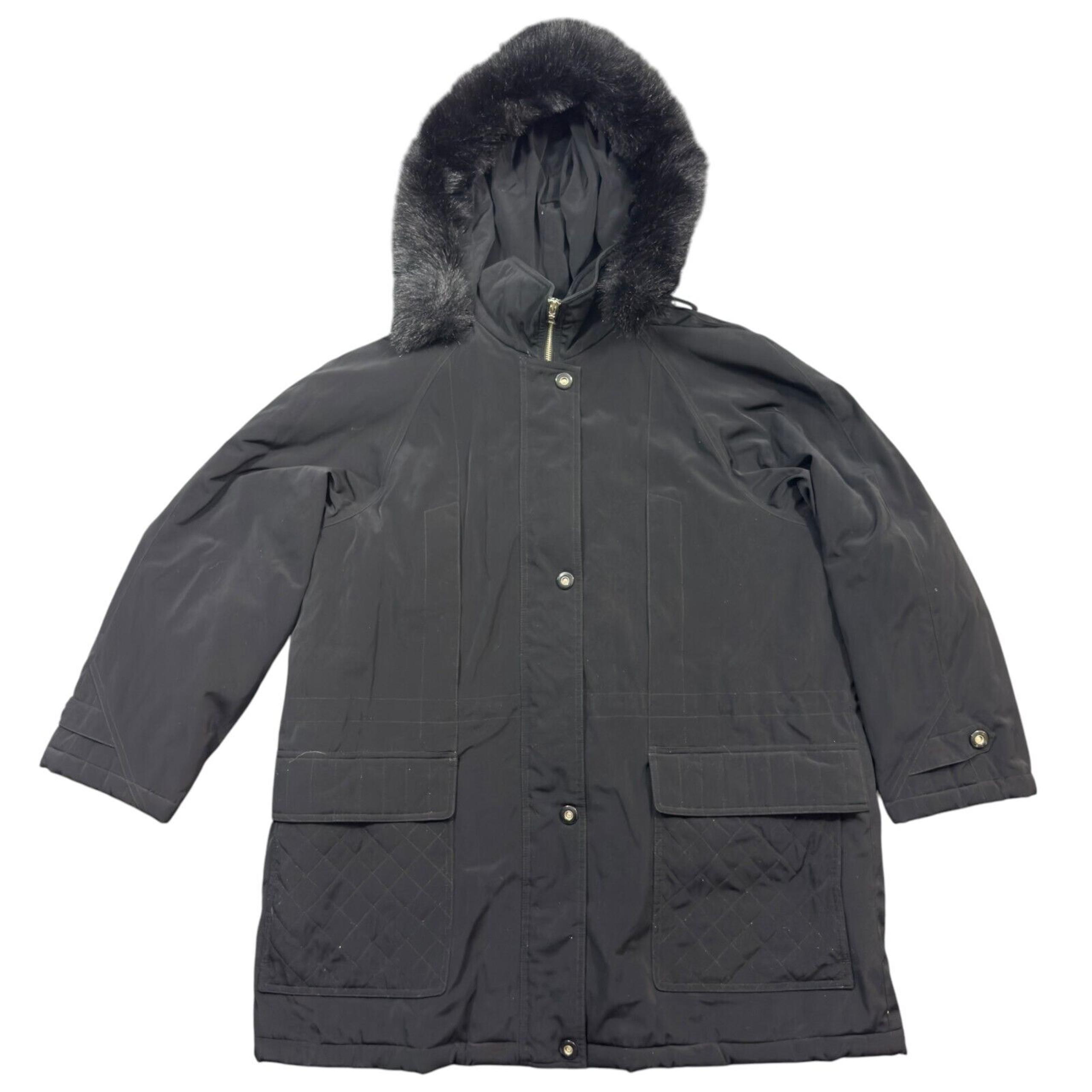 Weather Tamer Windbreaker Jacket Womens 1X Black Lined Faux Fur Hood Full Zip