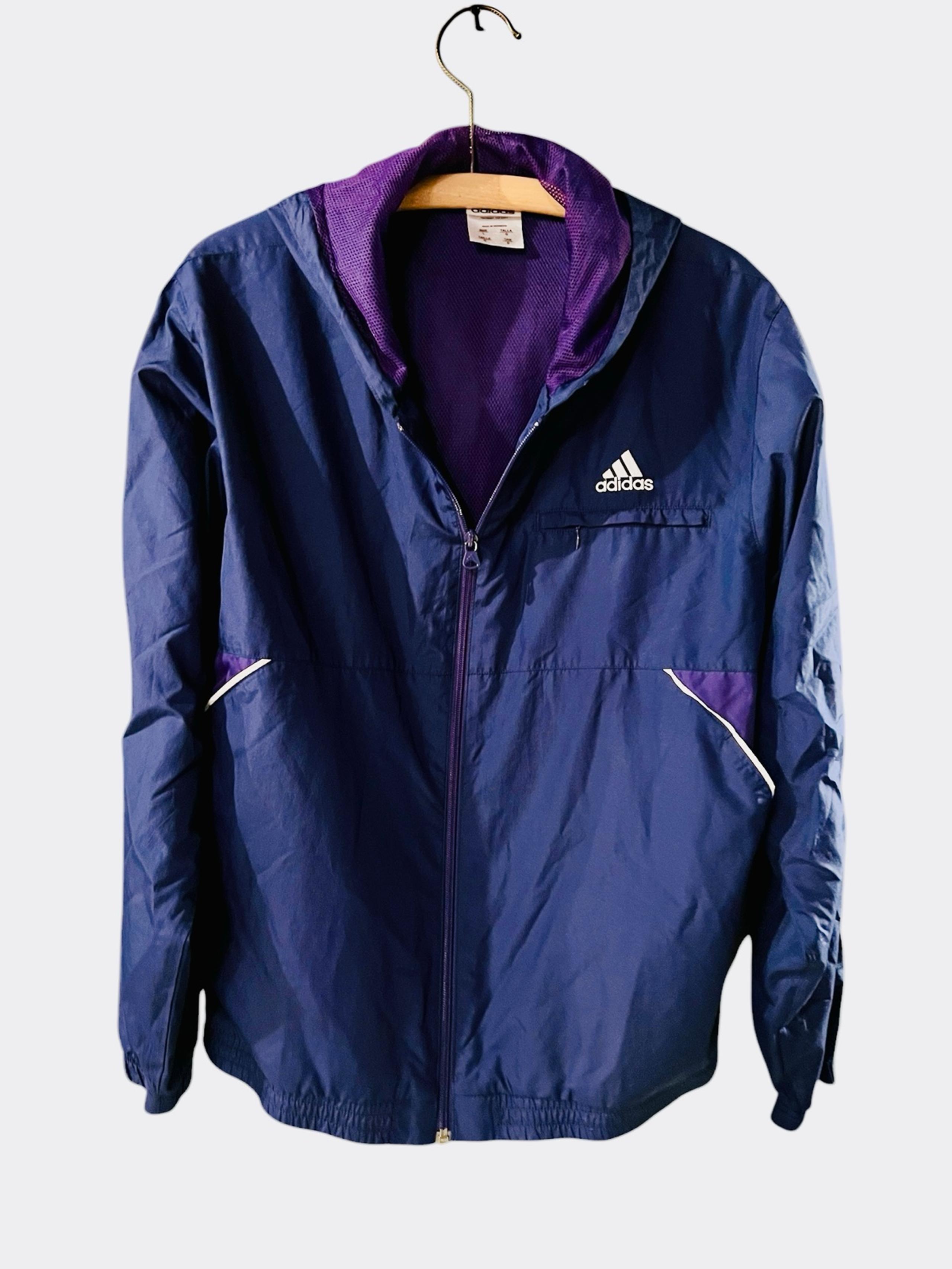 Adidas Track Windbreaker Jacket Y2K Vintage Women’s Sz Lg Navy and Purple Hooded