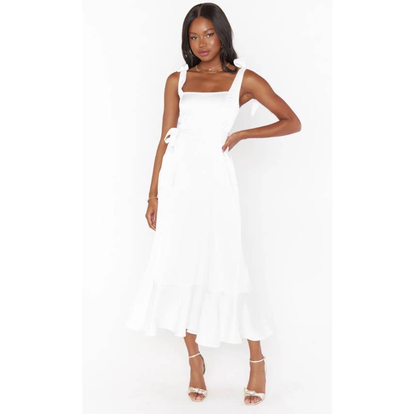 Show Me Your MuMu Garden Midi Bridesmaid Dress Ivory Luxe Satin Size Medium
