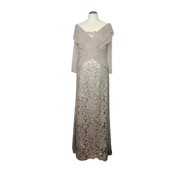 Tadashi Shoji Beige Lace Sequins Maxi Dress 8