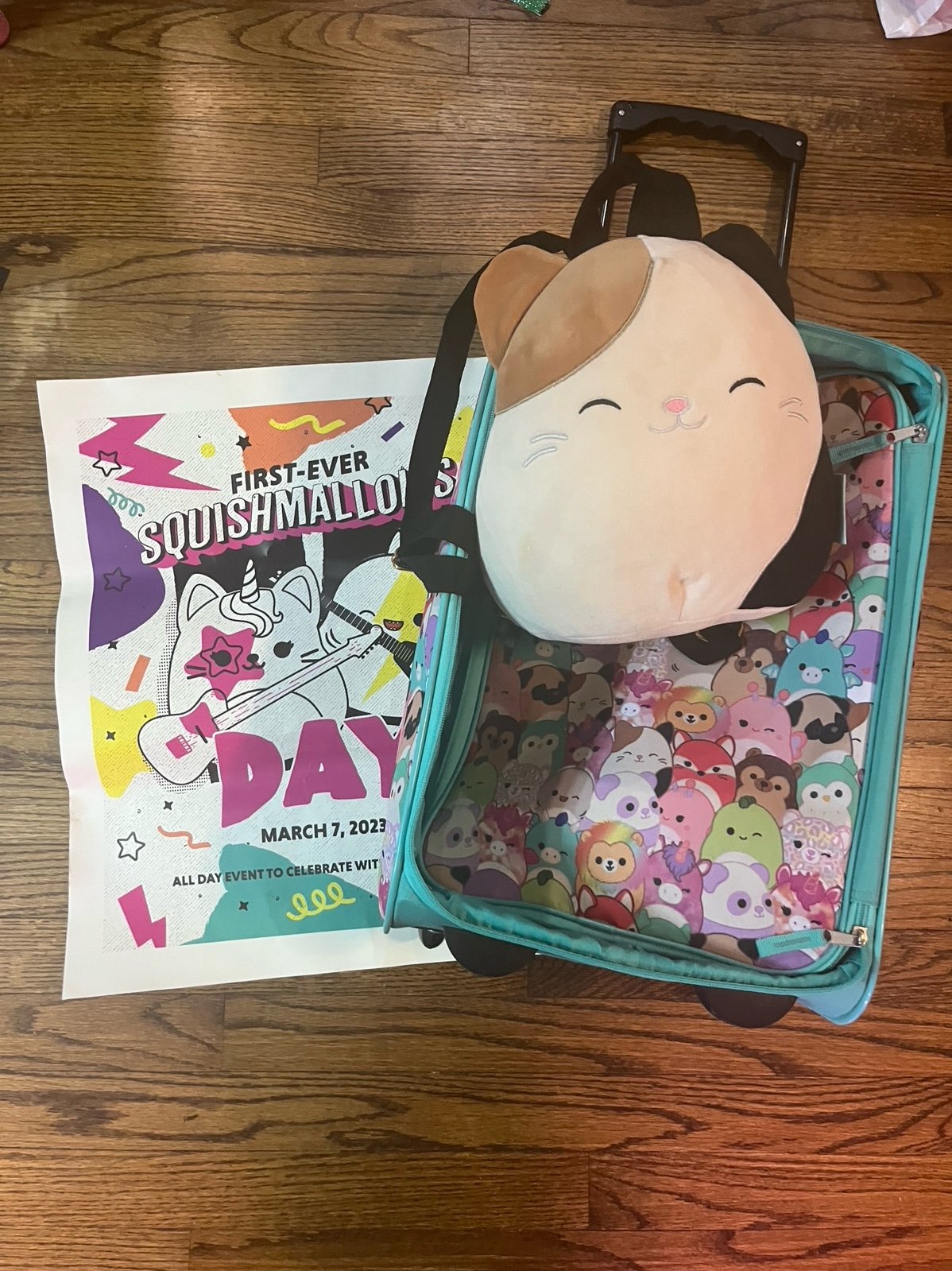 squishmallow suitcase backpack and poster