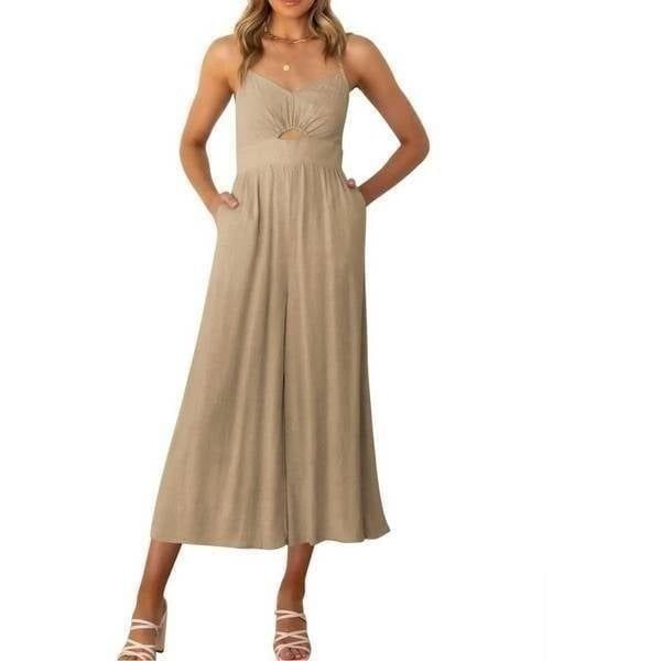 NEW Linen Cutout High Waist Wide Leg Jumpsuits Pockets S