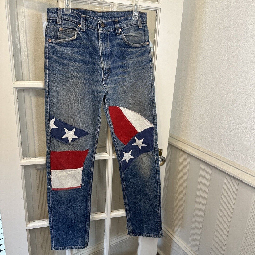 Vintage 60's Levi's American Flag Patchwork Jeans Orange Tag 31x32 READ