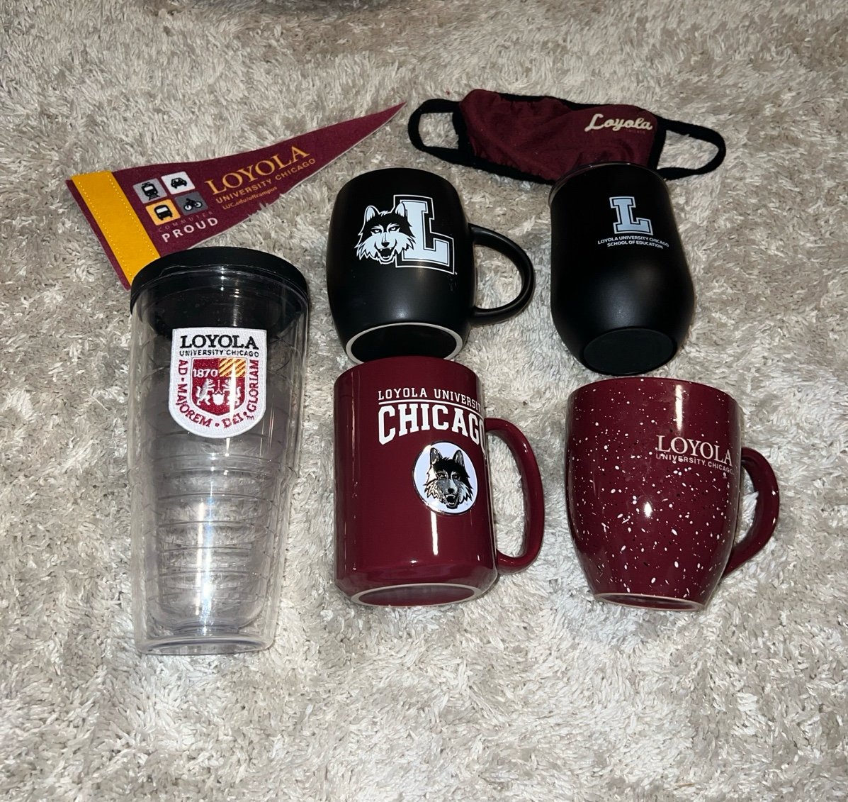 Loyola University Chicago bundle-3 mugs, 2 tumbler cups, flag, mask