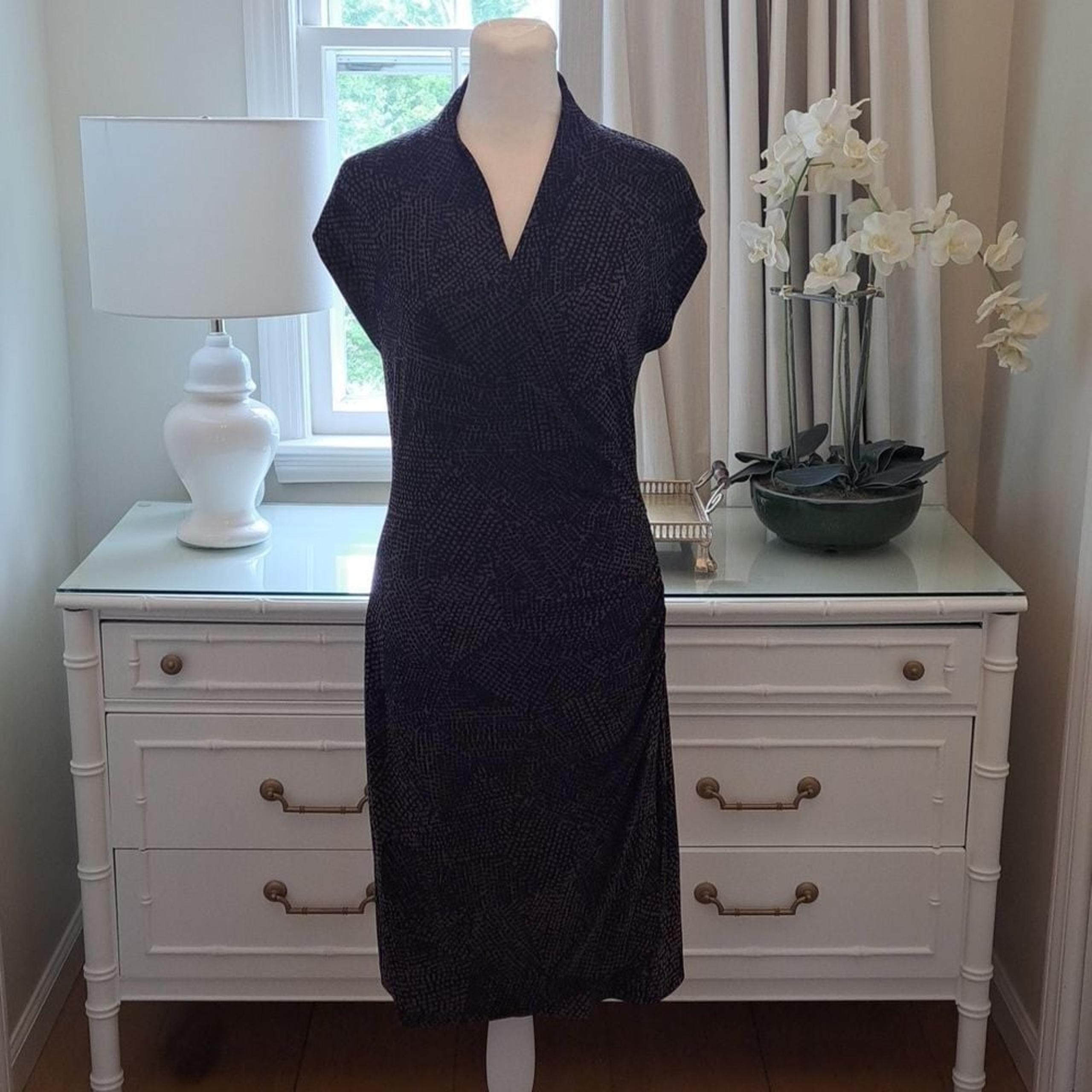 Norma Kamali Womens Faux Wrap Midi Stretch Dress Black/Grey Dots Size M