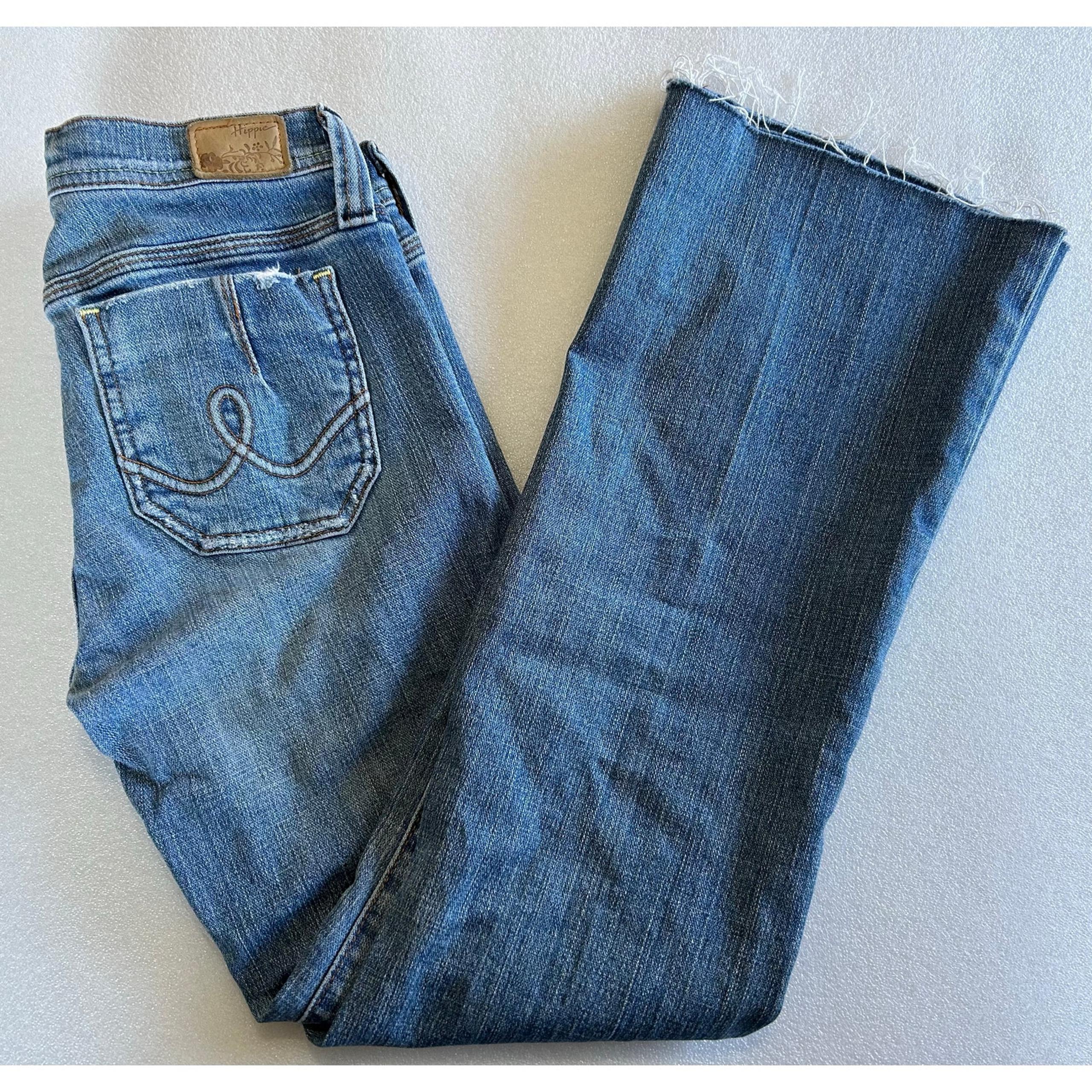 Hippie Juniors Size 1 Low Rise Medium Wash Distressed Flare Raw Hem Blue Jeans