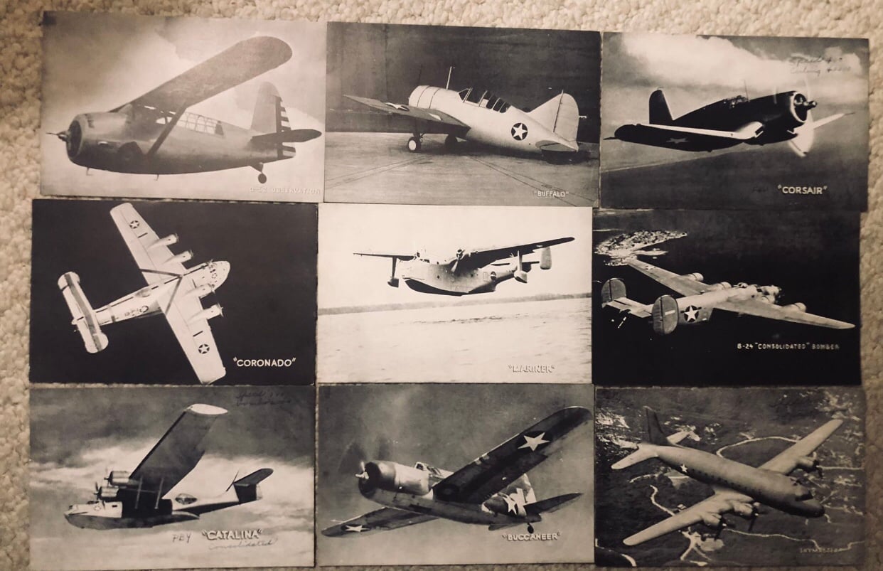 9 Vintage WW2 Fighter Planes Picture Photos Printed In USA-Some Have Handwritten