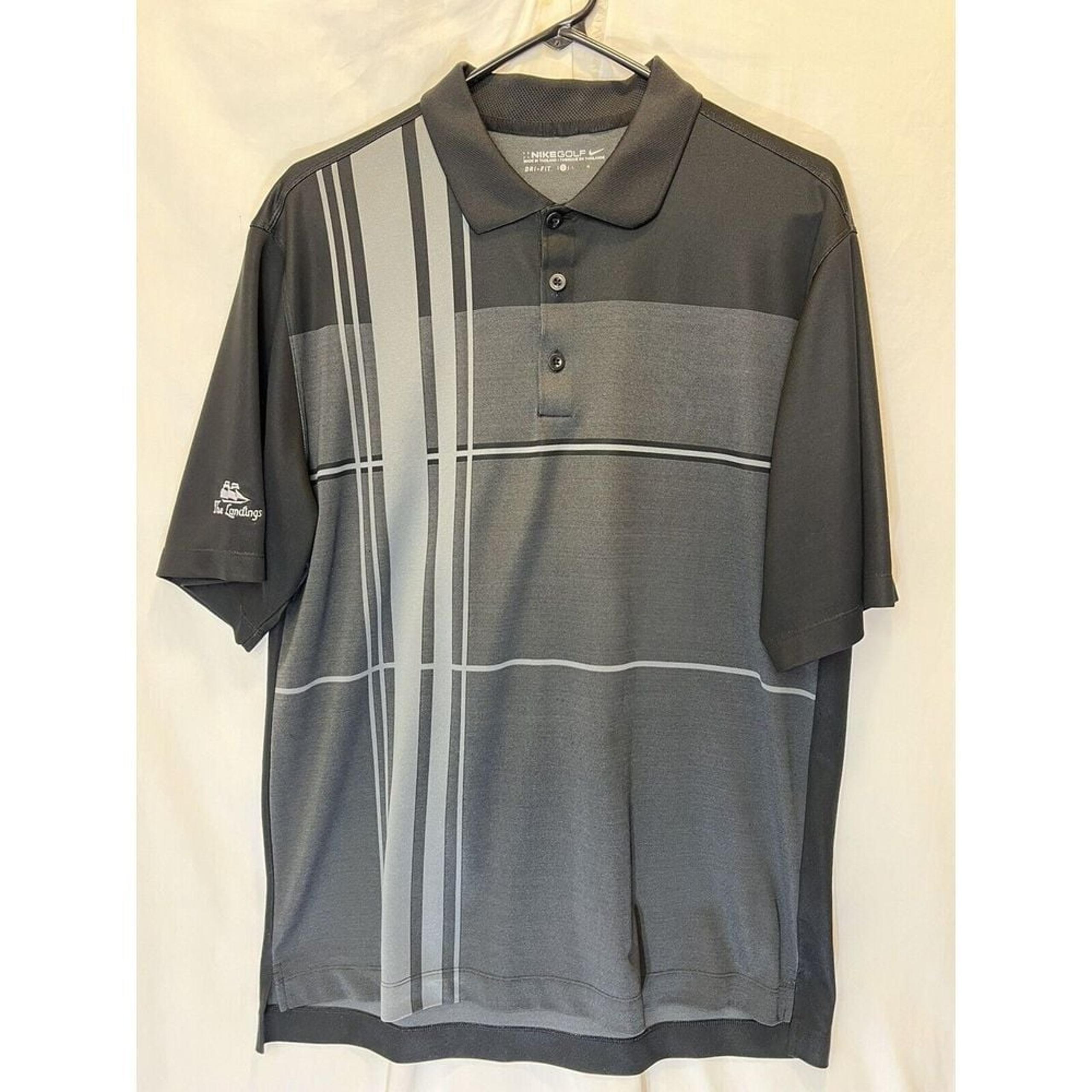 Golf Dri Fit Polo Large Black Gray Stripe Shortsleeve Polo The Landings SAV - Nike