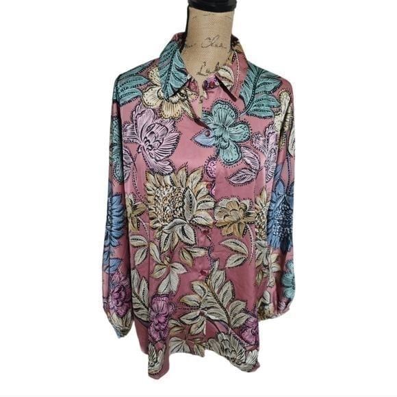 Sunny Leigh Mauve and Teal Floral Paisley Long Sleeve Button Down Shirt Plus Sz