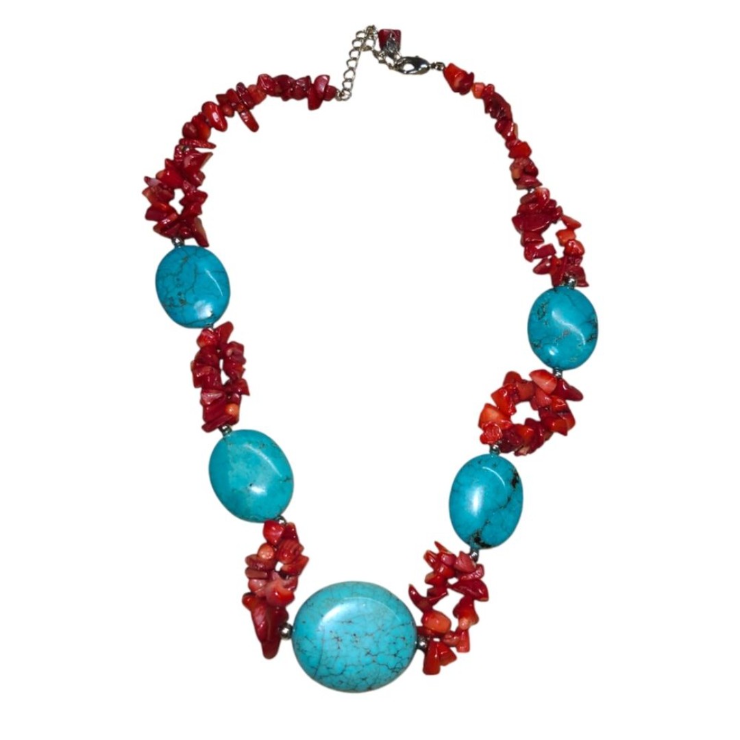 VINTAGE DKNY NECKLACE TURQUOISE STONES RED STONES CHUNKY ADJUSTABLE 10IN BOHO