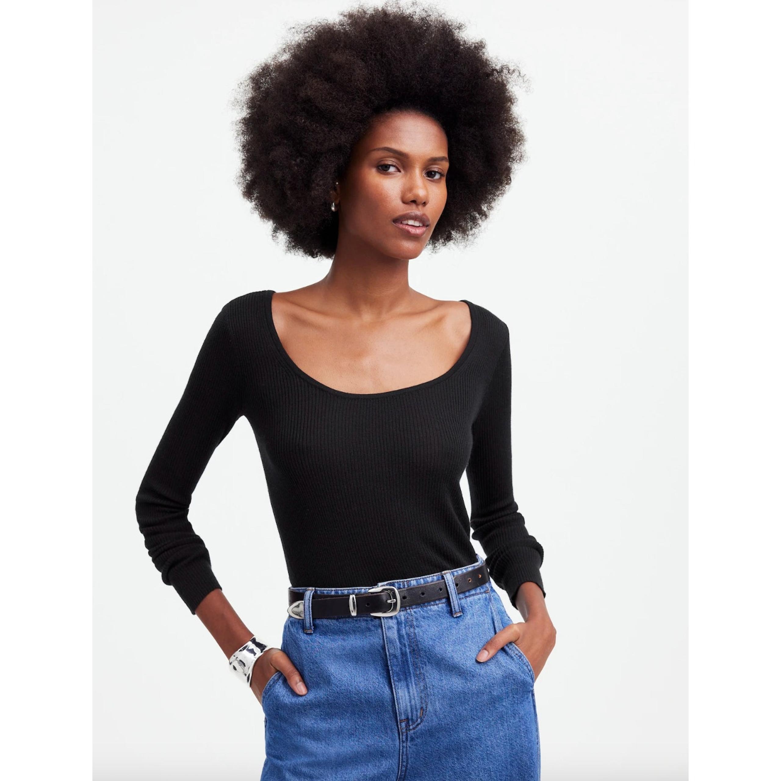 Madewell Merino Wool Silk Blend Scoopneck Sweater Ribebd Lightweight Black S NWT