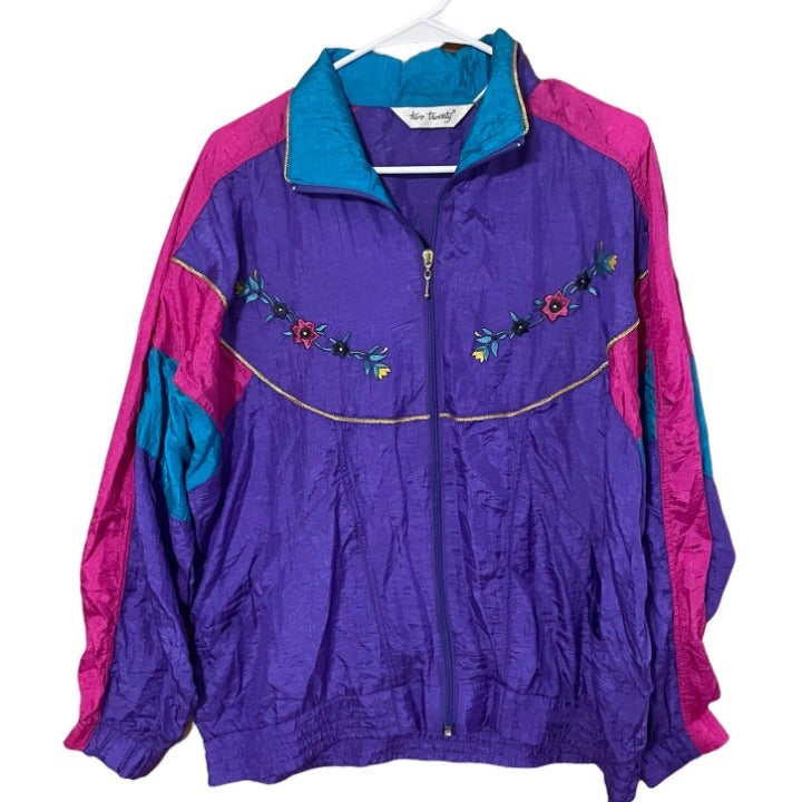 Vtg 80s Two Twenty Colorblock Windbreaker Track Jacket Floral Embroidery Large